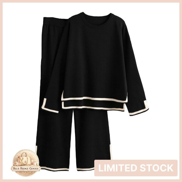 Long Sleeve Knit Sweater Top Wide Leg Pants Lounge Set Cozy Chic
